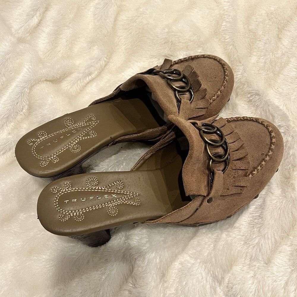 Truflex TF-Kona Brown Suede Clog Mules Fringe Studded Block Heel Size 8-8.5
